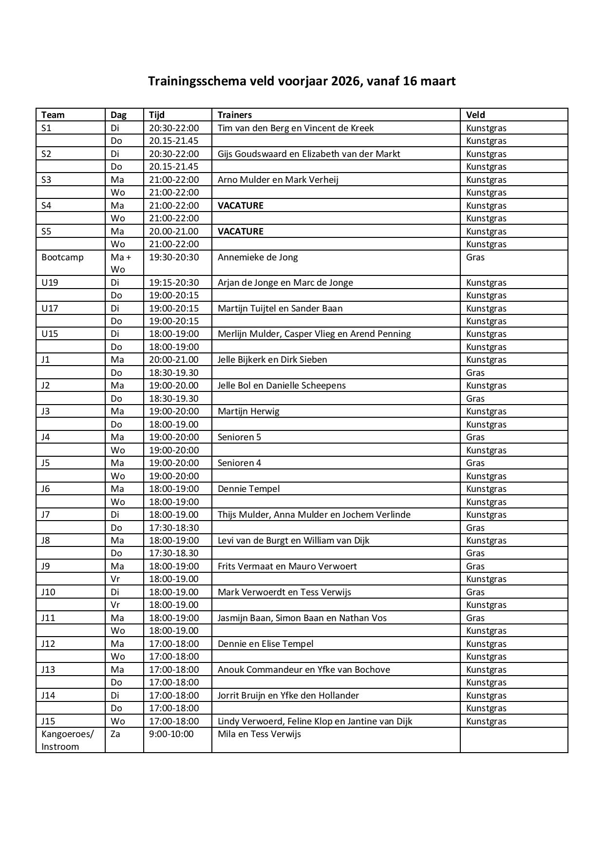 Trainingsschema vle voorjaar 2026